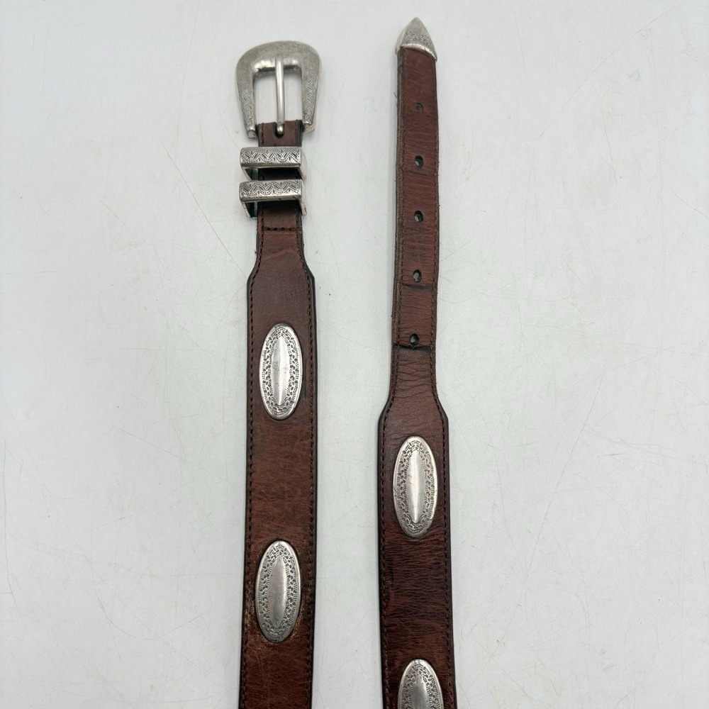 Vintage Leather Concho Belt Size 38 Brown Western Silver Tone Tooled Buckle XL